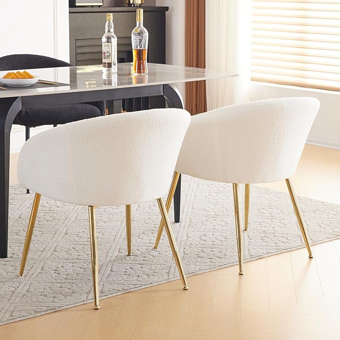 YDcosyfy Modern Small Accent Chair Set of 2, Comfy Sherpa Makeup Vanity Chair with Golden Metal Legs, Decorative Chair no Wheels for Living Room, Dressing Room, Bedroom, White