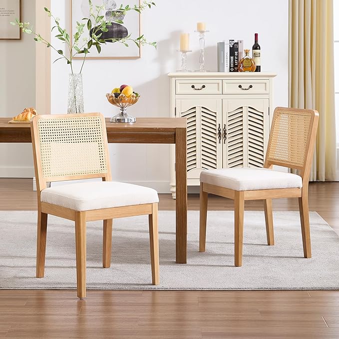 Wahson Mid Century Modern Dining Chairs Set of 2, French Country Modern Style, Rectangle Cane Upholstered Kitchen Chairs with Natural Wooden Legs, White Chenille