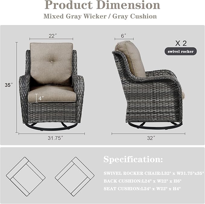Belord Outdoor Swivel Rcoker Patio Chairs - Outdoor Swivel Patio Chairs Set of 2 Wicker Chair Patio Furniture Sets with Covered Cushion for Porch Deck Balcony Garden, Gray