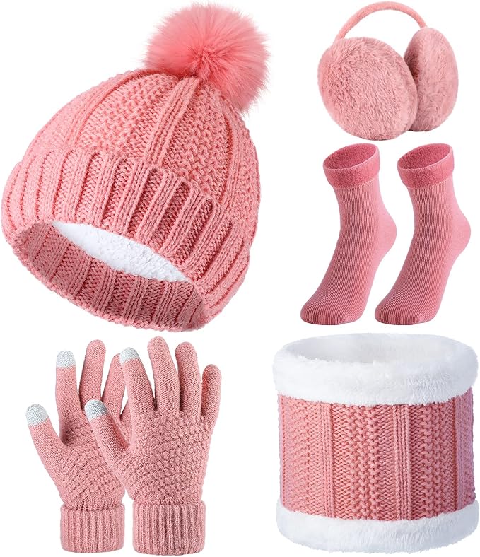 SATINIOR 5 Pcs Winter Hat Scarf Gloves Set Fleece Warm Lined Knit Beanie Hat Touch Screen Earmuff Gloves Warmer for Women(Pink,Classic Style)