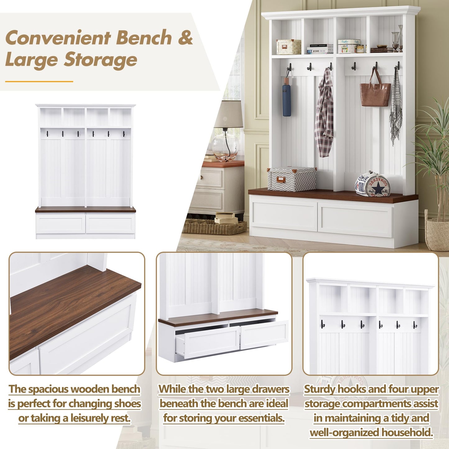 Merax Wood Hall Tree with 6 Hooks & Entryway Bench, Farmhouse Mudroom Versatile Coat Racks with 2 Large Drawers, Entrance Organizer for Hallway, White