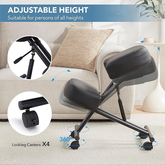 SOMEET Ergonomic Kneeling Chair, Modern Style, Kneeling Office Chair, Black Pu Kneeing Chair, Metal Frame, Foam Seat, 250 lbs Weight Capacity, Adjustable Height, Lockable Casters
