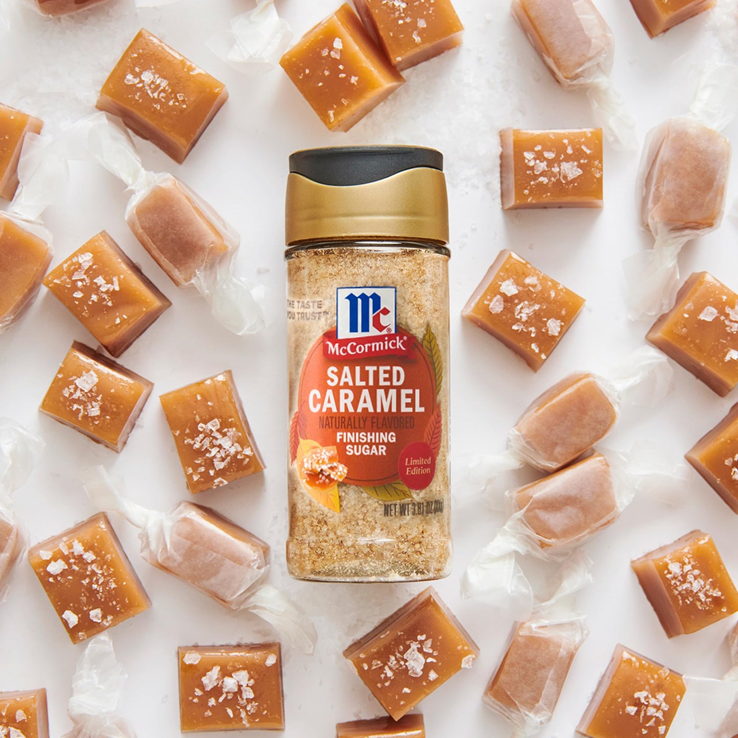 McCormick Finishing Sugar, Salted Caramel, Limited Edition, Creamy Caramel Flavor with a Touch of Salt, For Coffee, Ice Cream, Brownies, Popcorn, Hot Cocoa, and More, 3.81 oz