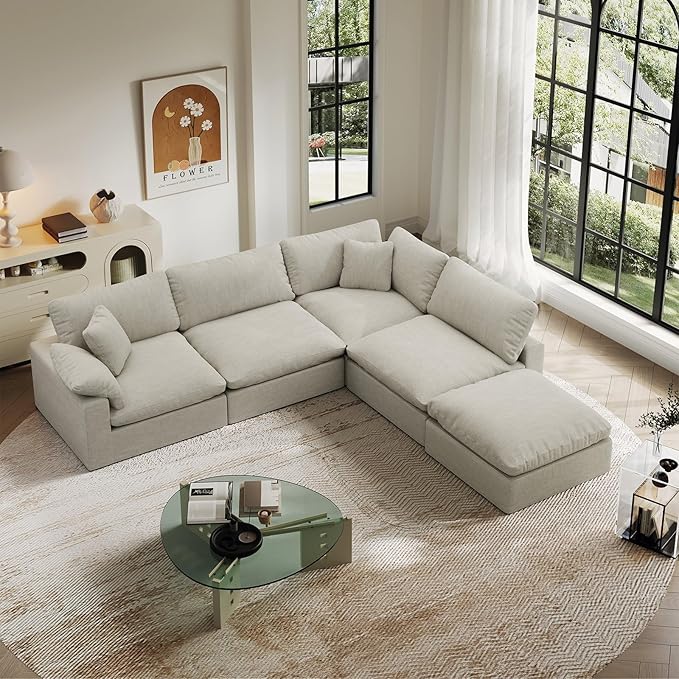 Intuition Decor Cloud Modular Sectional Sofa,143" Down Filled Sofa 4 Seat with Chaise,Minimalist Sofa Cover Washable and Replaceable Couches for Living Room,Sectional Sofa Deep Seat