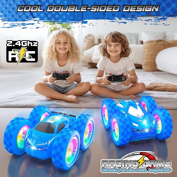 Remote Control Car for Kids, RC Stunt Cars Toys for Boys Ages 4-7 with Cool Double-Sided Pattern and LED Flash, 1:24 Vehicle Toy Car Hobby Racing Car Toys Gift for 3 4 5 6 7 8 9 Year Old Boys