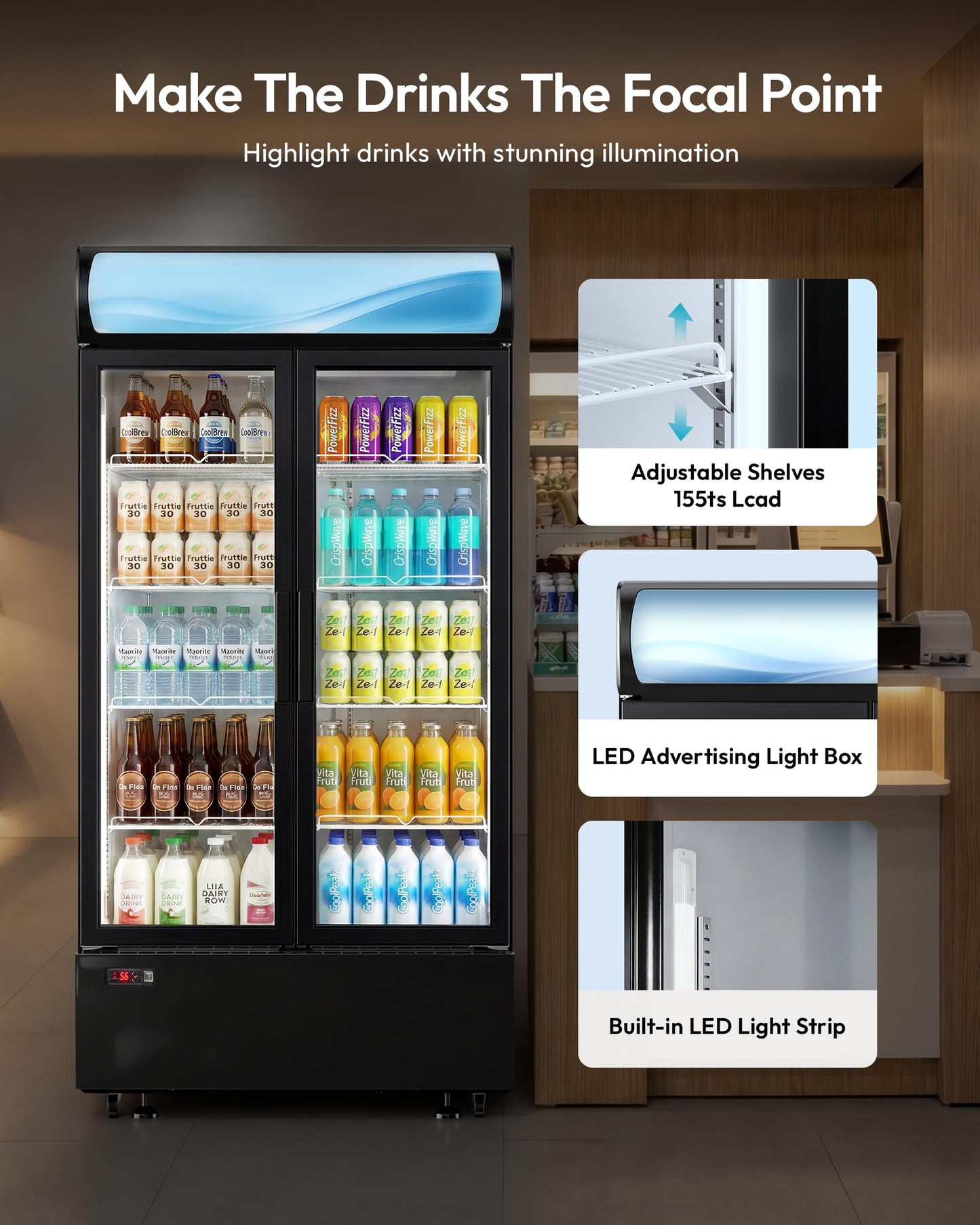 ICEVIVAL 21 cu.ft Commercial Refrigerators, Beverage Fridge with LED Light, 2 Glass Door Drink Merchandiser with 8 Adjustable Shelves, 32-50°F Digital Control ETL Certified Black
