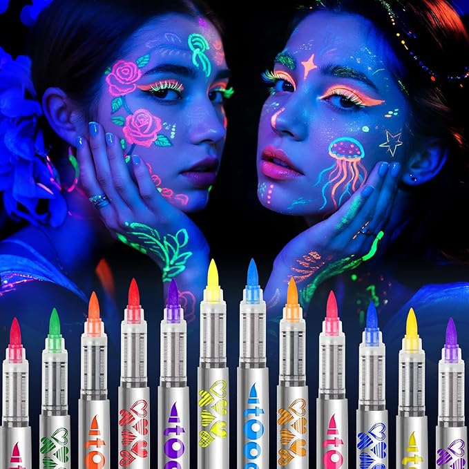 UV Neon Face Paint Markers 12 Colors, Glow in the Dark Body Paint under Black Light, Washable Temporary Tattoo Markers for Christmas Gifts Stocking Stuffers Glow Party Favors Halloween Makeup