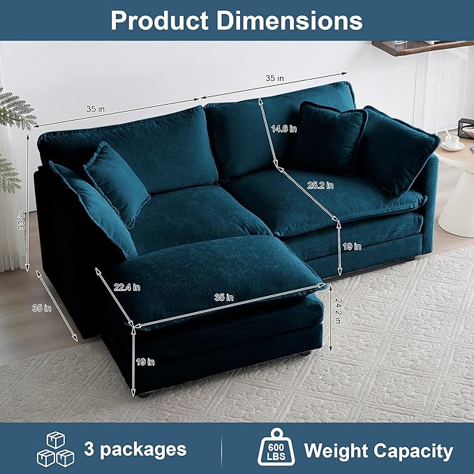 KIVENJAJA Chenille L-Shaped Modular Sectional Sofa, Modern Loveseat Comfy Deep Seat Cloud Couch with Ottoman/Chaise & 4 Pillows for Living Room Office Apartment, 76.7" W, Blue
