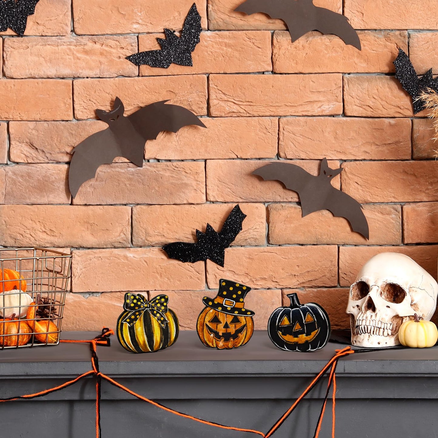 Smile 3 Pcs Wooden Blocks Signs, Happy Halloween Pumpkin Tiered Tray Decorations, Indoor Decor for Kitchen Bathroom and Home Table Shelf