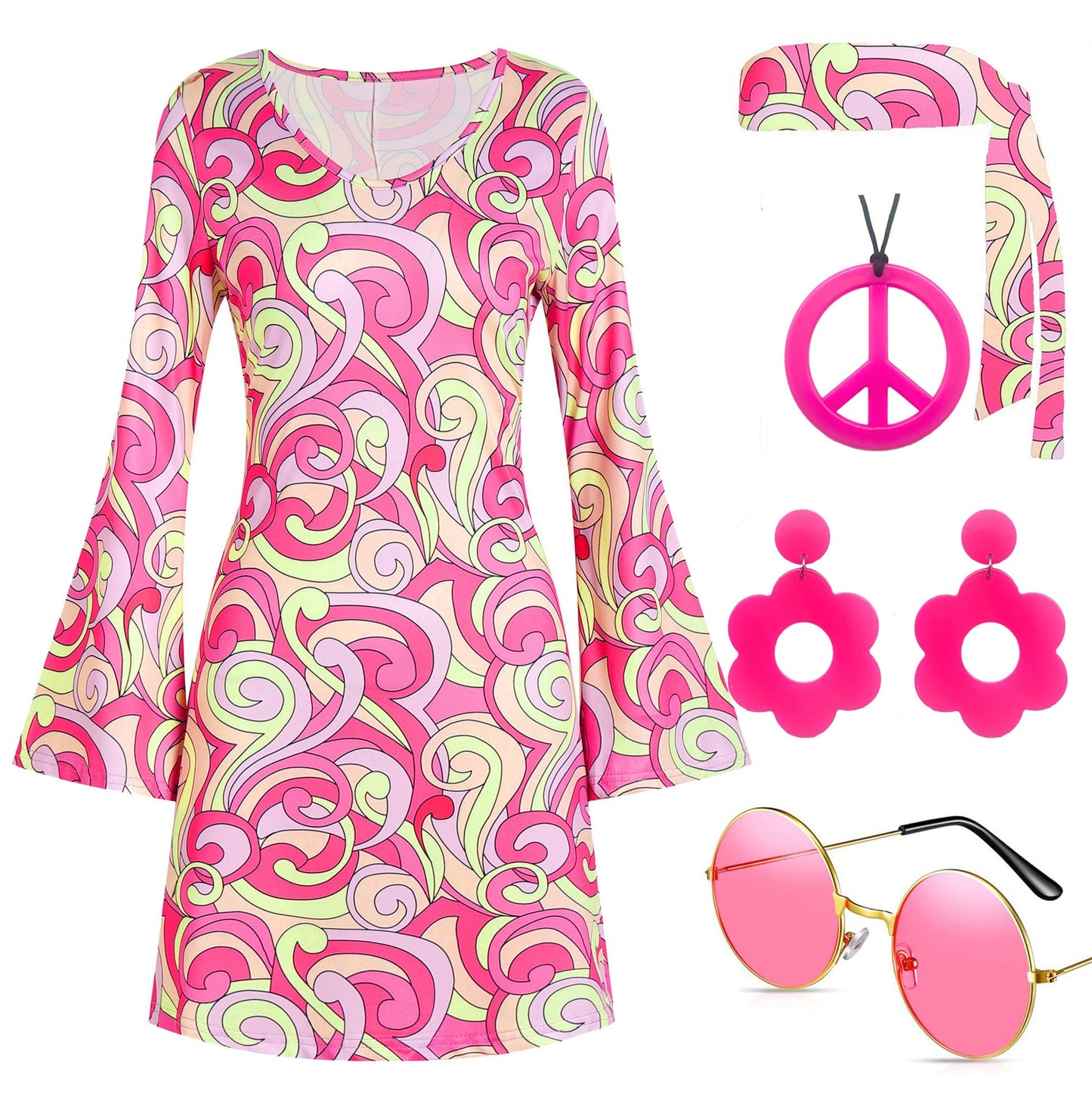 Deerjoke 60s 70s Disco Outfit Hippie Costume Women, 1970 Style Clothes Dress Accessories Jewelry Halloween (Pink, Medium)