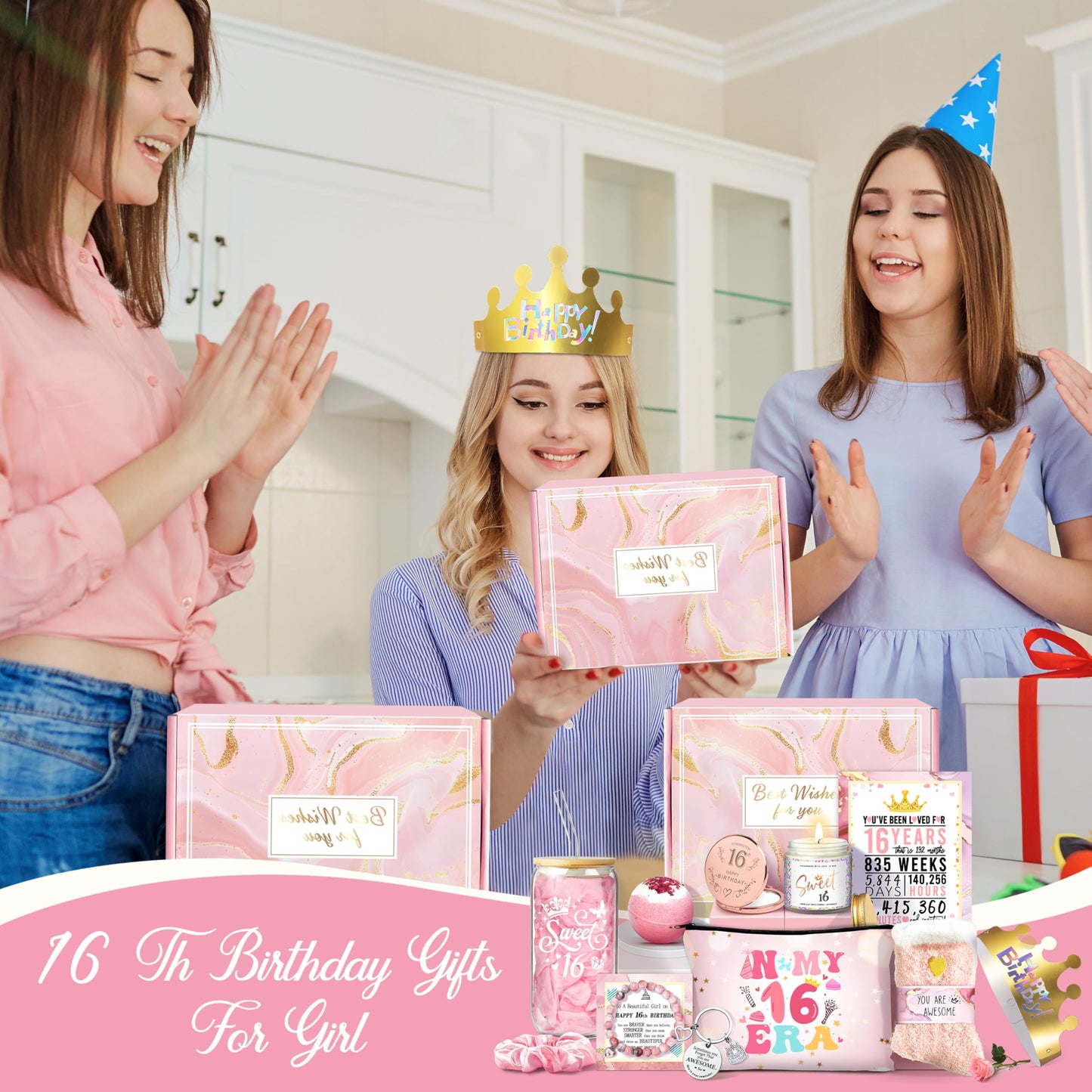 Jumway Birthday Gift Box for 16 Girls - Luxury Pink Teen Milestone Kit with 'Sweet 16' Cup, Rose Gold Mirror, Spa Set - Perfect 16th Birthday Present for Daughter, Sister, Friends