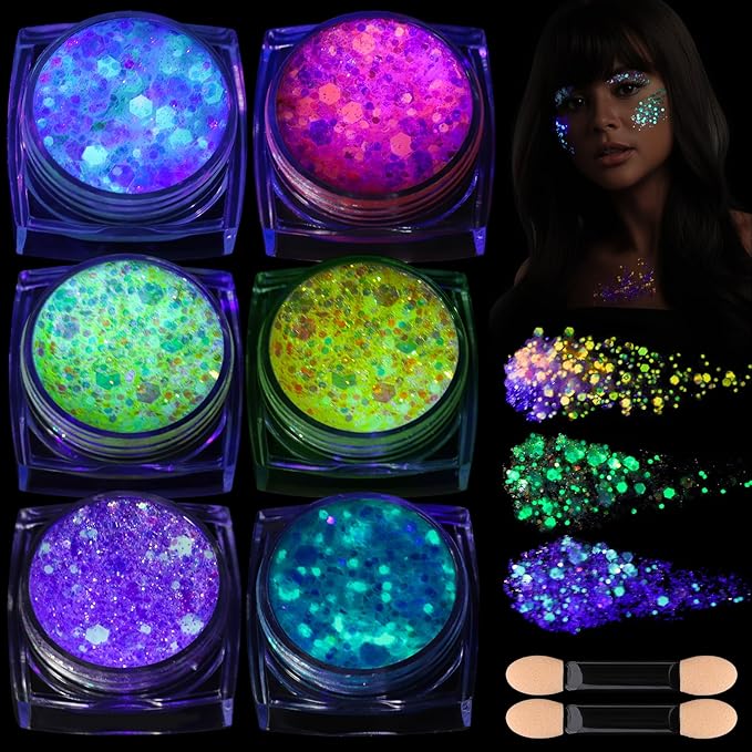 Teenitor 6 Colors Glow in The Dark Glitter Gel, Face Glitter Gel, Body Glitter Hair Glitter for Carnival Makeup UV Black L...