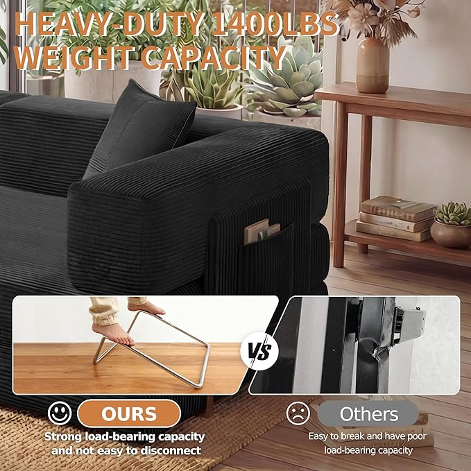 Fancyfire 78.8" Convertible Sofa Bed with Armrest Pillow,4-in-1 Sleeper Couch Bed for Livingroom,Modular Corduroy Boneless couches,No Assembly (Black)