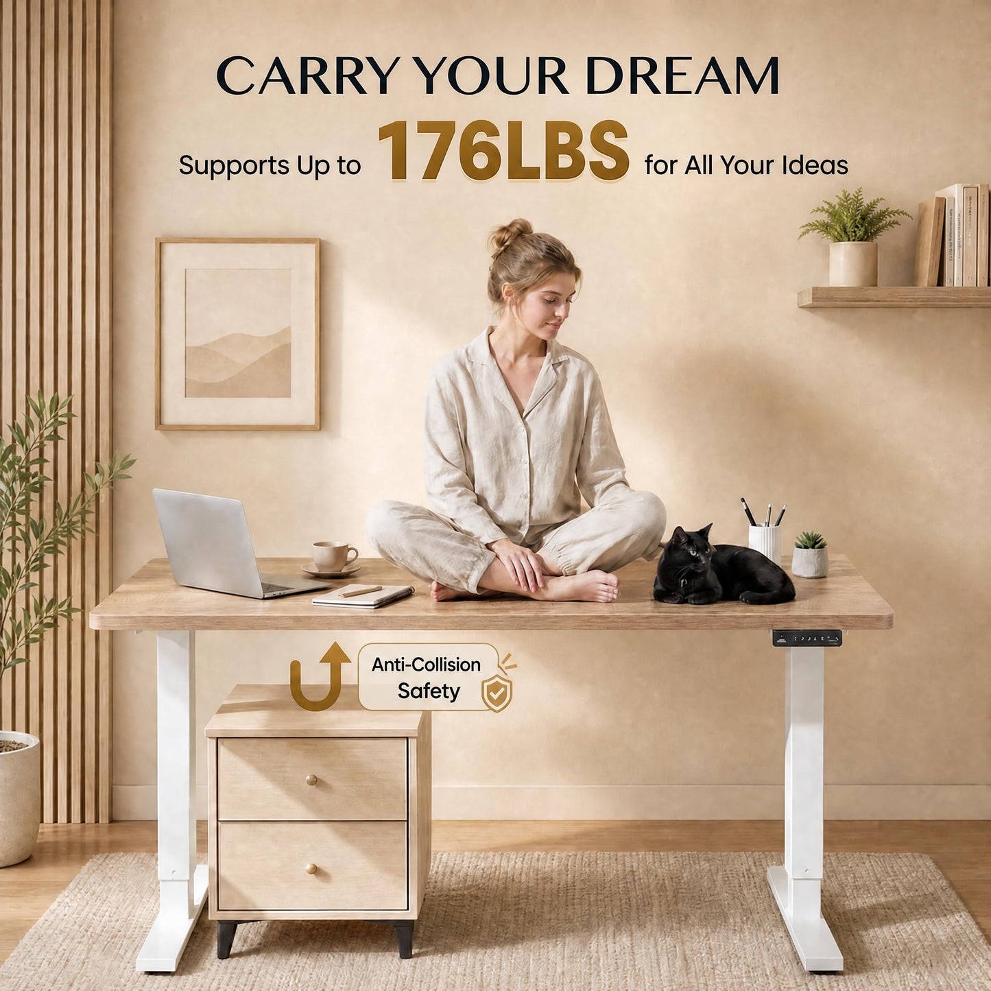 Grandder 47x32 Large Electric Standing Desk, Height Adjustable Computer Desk with 2 Memory Presets, 31.5" Deep Desktop Sit Stand Desk Home Office Desk Workstation Table with Hooks, Light Walnut