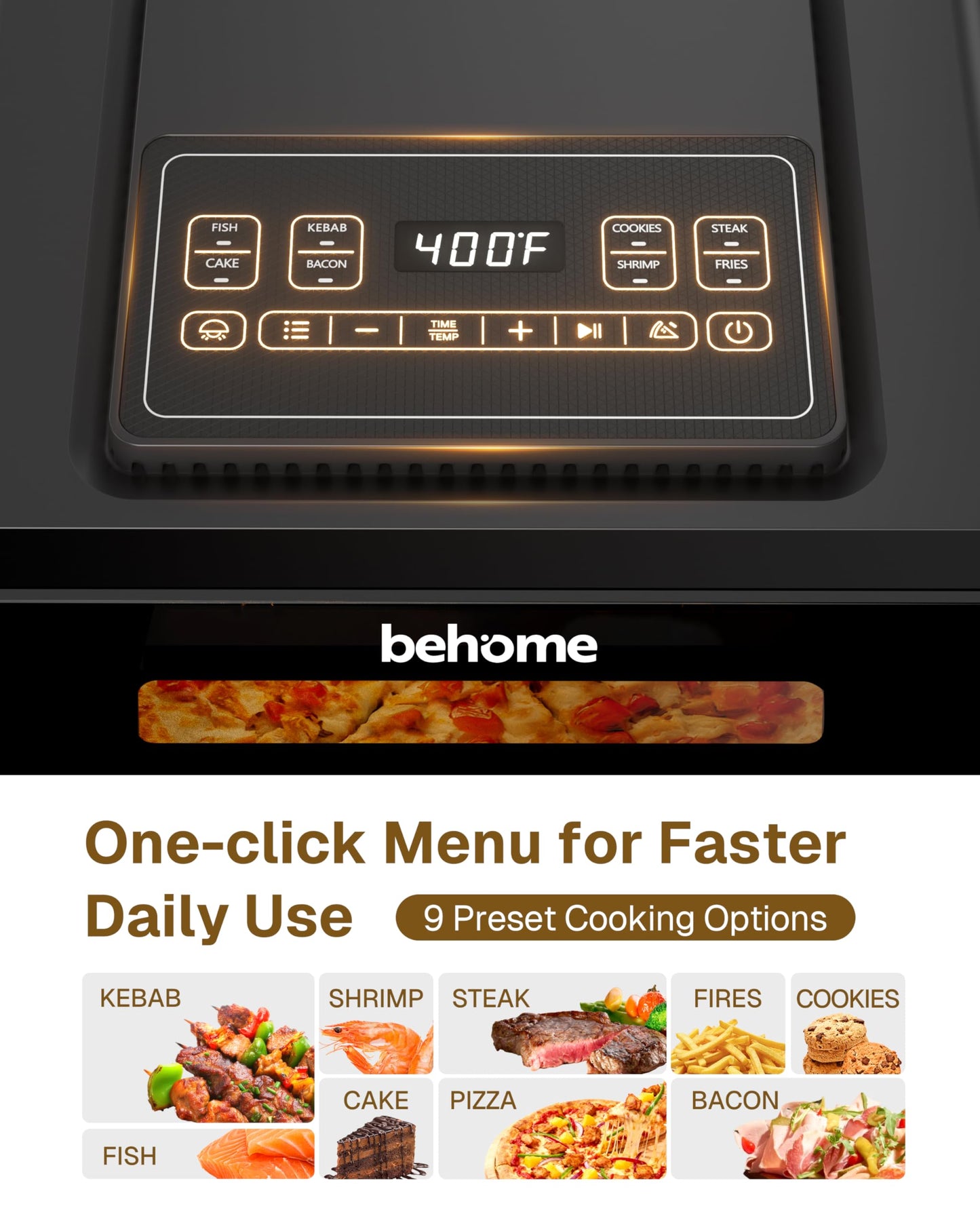 Behome Indoor Pizza Oven & Air Fryer, 6.5 QT Family Size with Pizza Stone, 9 Cooking Preset with Viewing Window &Light, 105°F-450°F Adjustable for Air Fry, Roast, Bake, Dehydrate, Fries, 1700W, Black