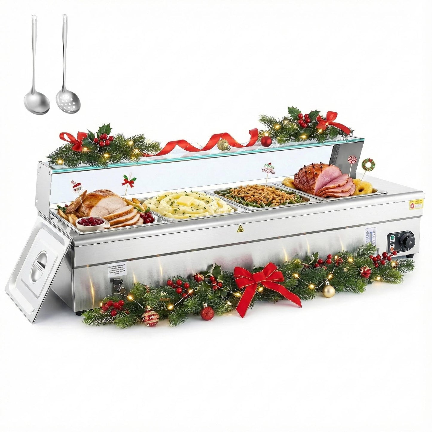 WILPREP 4-Pan Commercial Food Warmer with Sneeze Guard, Four 1/2 Pans, 1500W Countertop Electric Warmer, 86-185°F Adjustable Temp Control, Stainless Steel Buffet Bain Marie