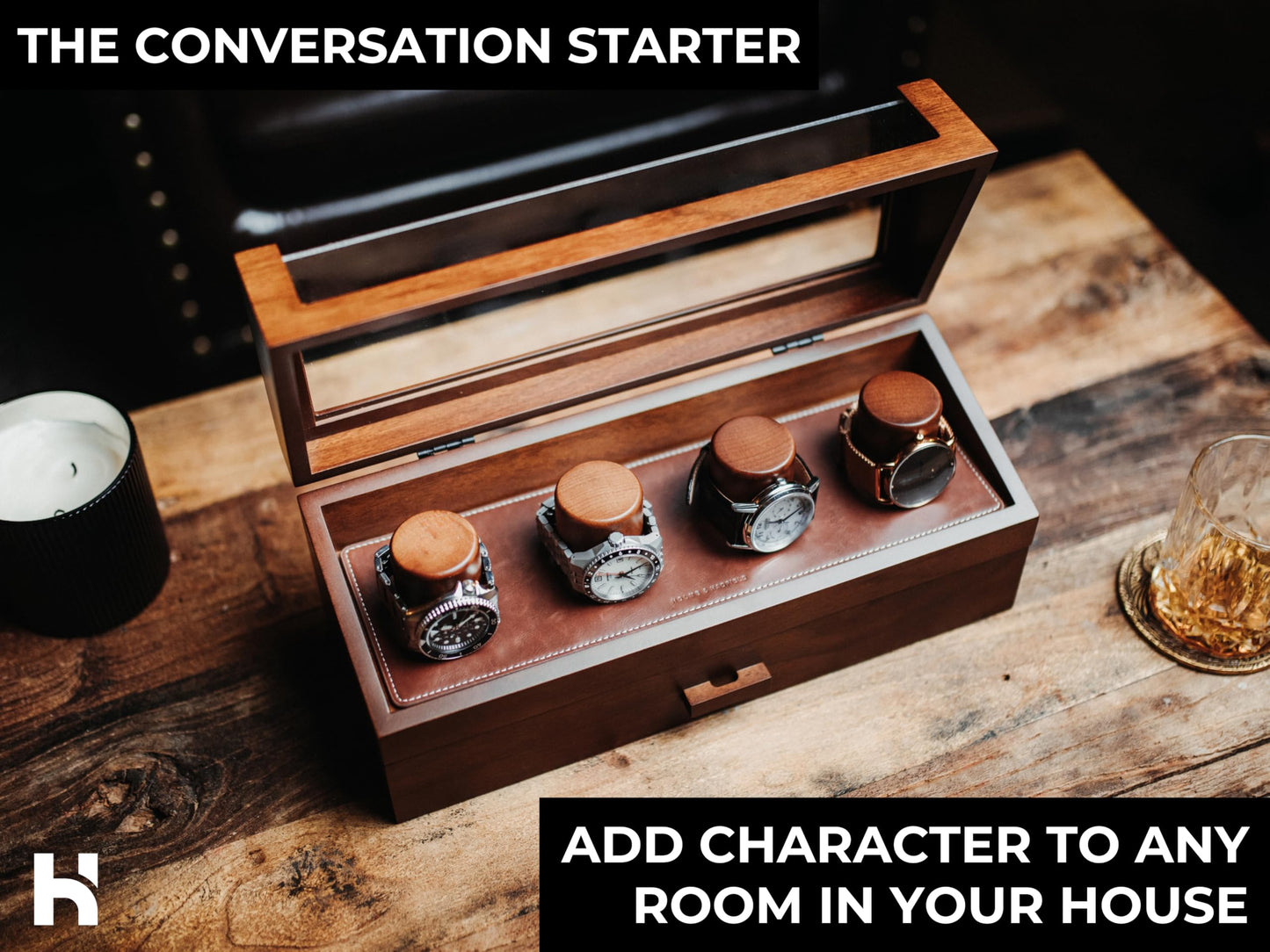 Premium 4 Slot Watch Box for Men (2026 Upgraded) – Wooden Watch Display Case with Hinged Wood Cover, Leather Lining & Drawer – Watch Organizer Stand – Handcrafted Luxury Father's Day Present for Men