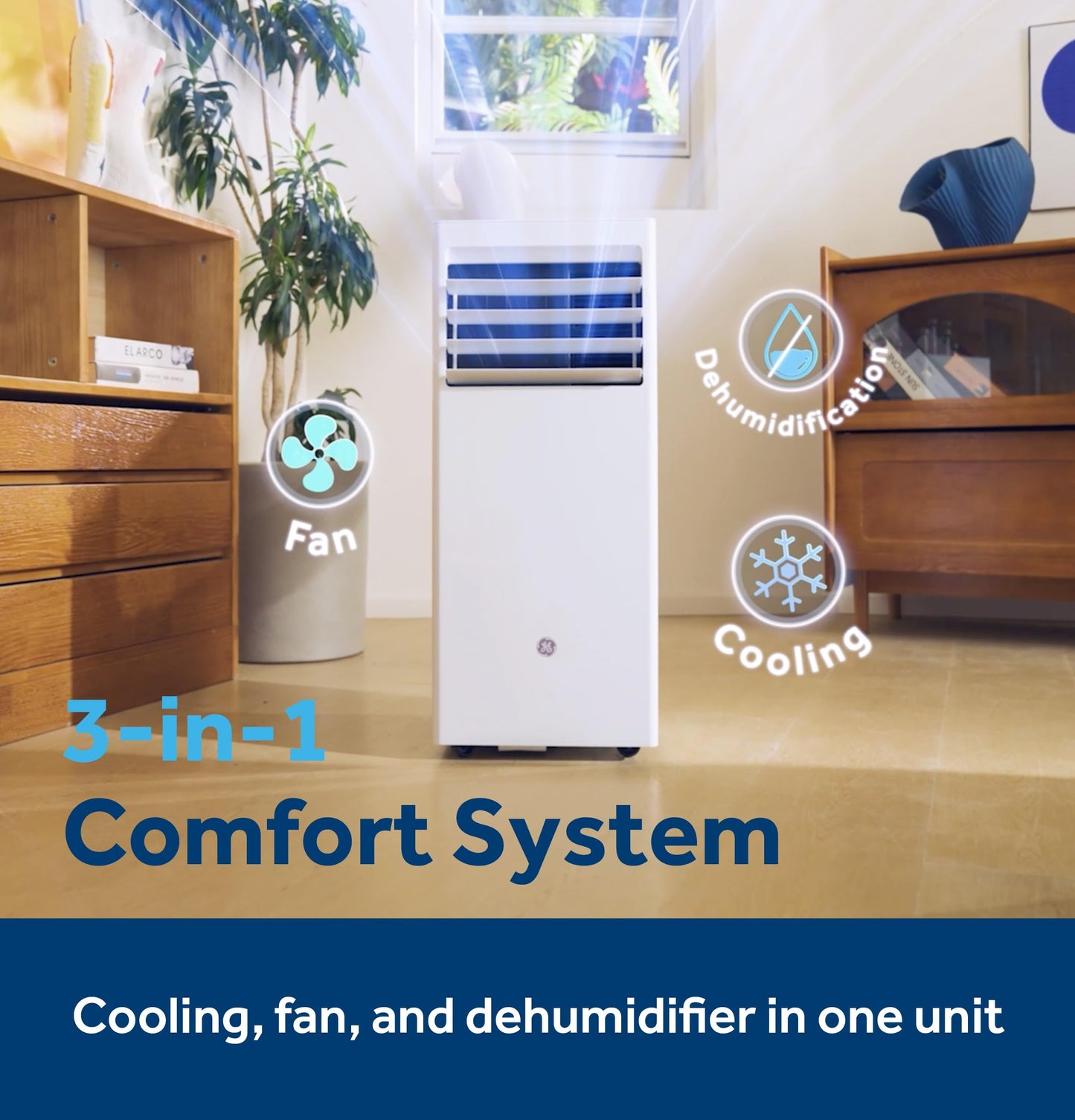 GE 5,000 BTU DOE Portable Air Conditioner for Small Rooms up to 150 sq ft, Compact 3-in-1 AC + Dehumidifier + Fan, Auto Evaporation, Remote, Easy-Roll Casters, Window Kit Included, White