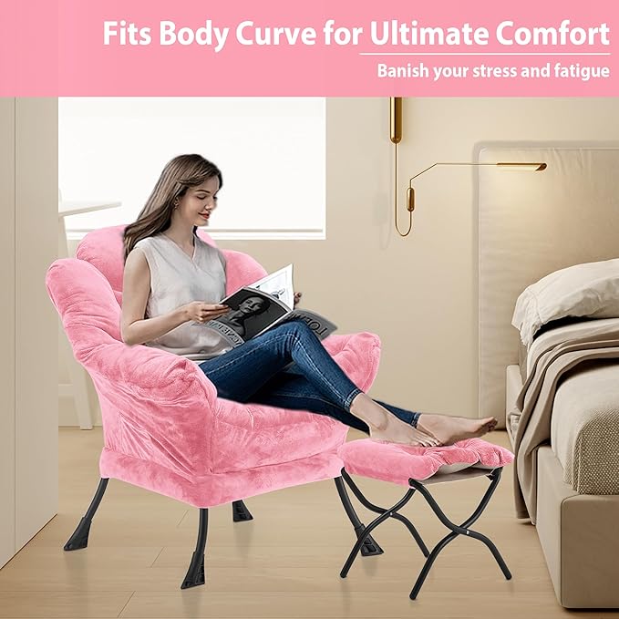 Youtanic Lazy Chair with Folding Ottoman, Accent Chair Plush Upholstered with Metal Structure and Non-Slip Pads, Sofa Armchair with Footrest and Side Storage Bag for Dorm, Room, Office, Pink