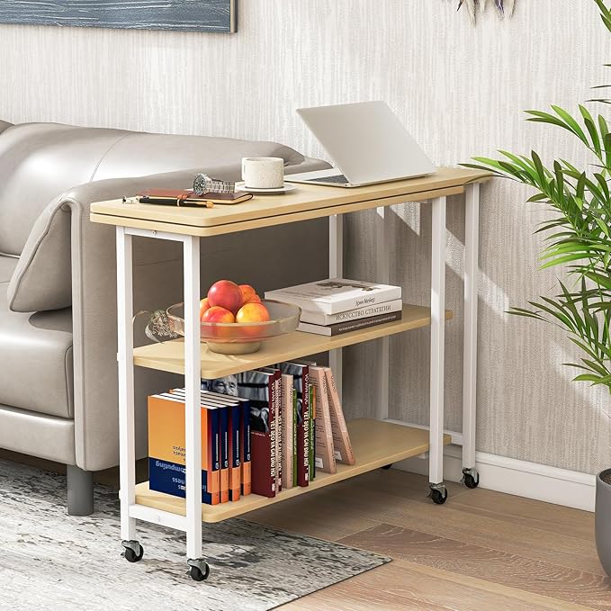 Giantex 360° Free Rotating Sofa Side Table, Mobile L-Shaped Laptop Desk with Sturdy Metal Frame, 6 Universal Casters, Movable Couch Snack Table with 2-Tier Storage Shelf for Home (Natural Maple)