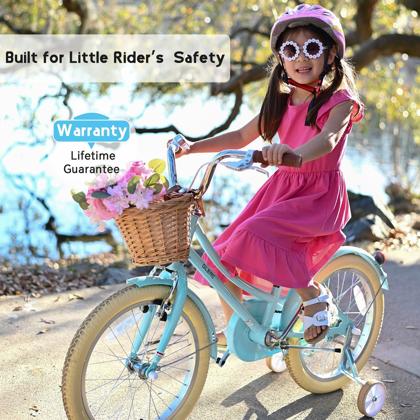 Glerc ‎Little Molly 12 Inch Kids Bike, Retro Cruiser Girls Bicycle for Children Ages 2-4 Years Old, Toddler Bike with Wicker Basket & Training Wheels, Blue
