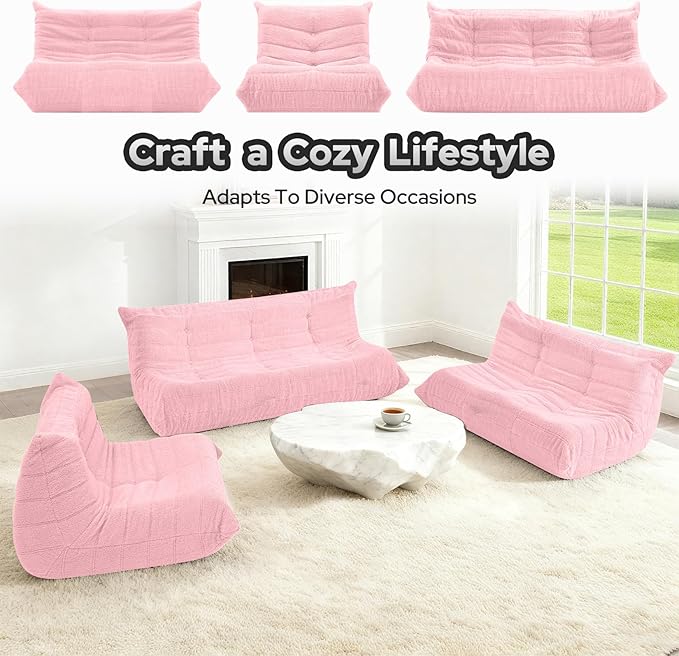 HABUTWAY Bean Bag Chairs Fireside Lazy Floor Sofa, Soft Teddy Fleece 3 Seater Sofa with High-Resilience Foam Filling，Beanbag for Living Room, Bedroom, Office (Pink Teddy)