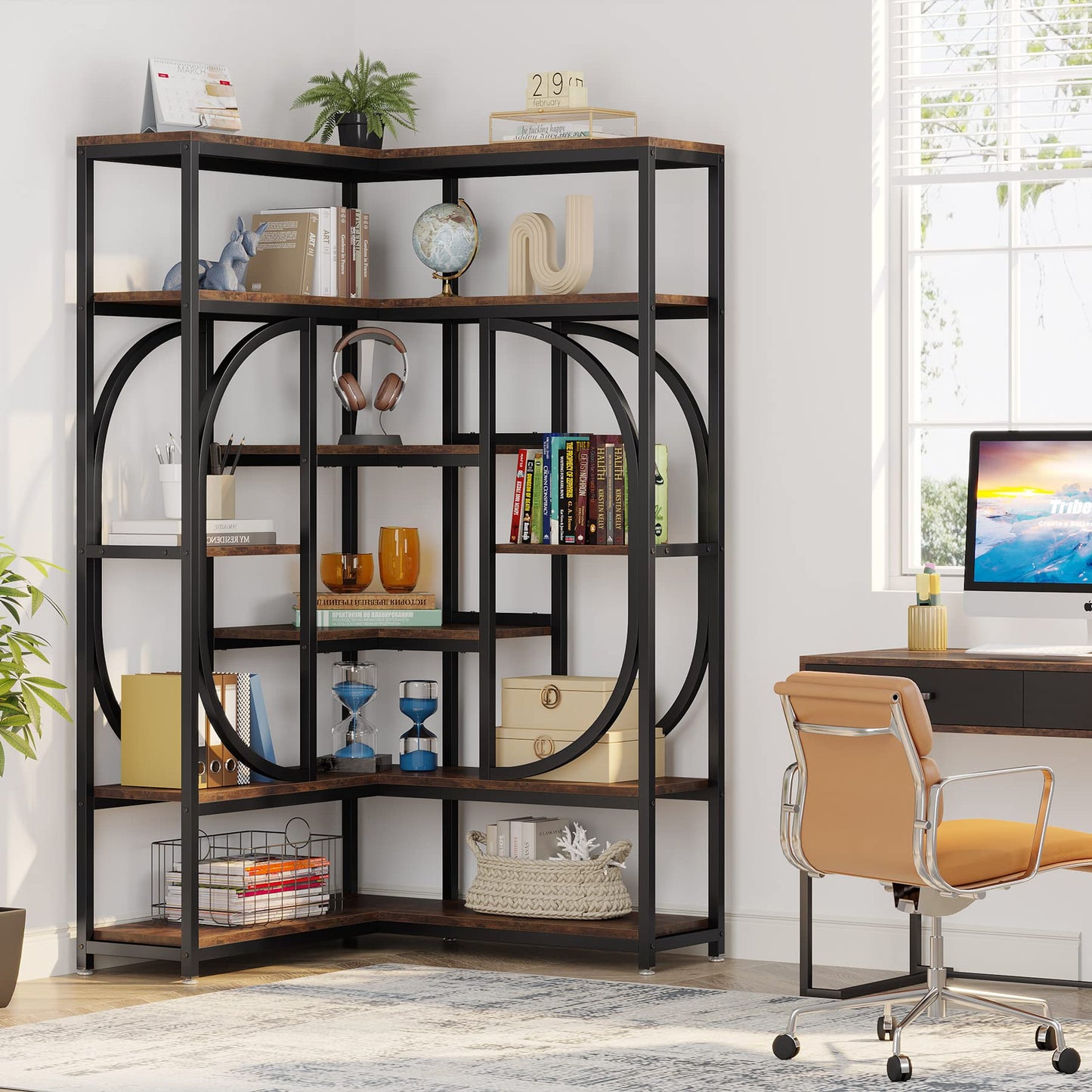 Tribesigns 7-Shelf Corner Bookshelf, Large Modern Corner Bookcase, Tall L-Shaped Corner Shelf Stand Display Rack with Storage, Metal Frame for Living Room Home Office (Rustic Brown)