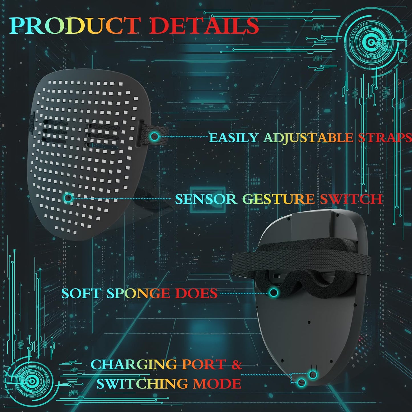 mofyshine LED Mask with Gesture Sensing, Light up Mask 50 Patterns Cool Face Transforming Led Masks for Halloween Christmas Cosplay for Men Women