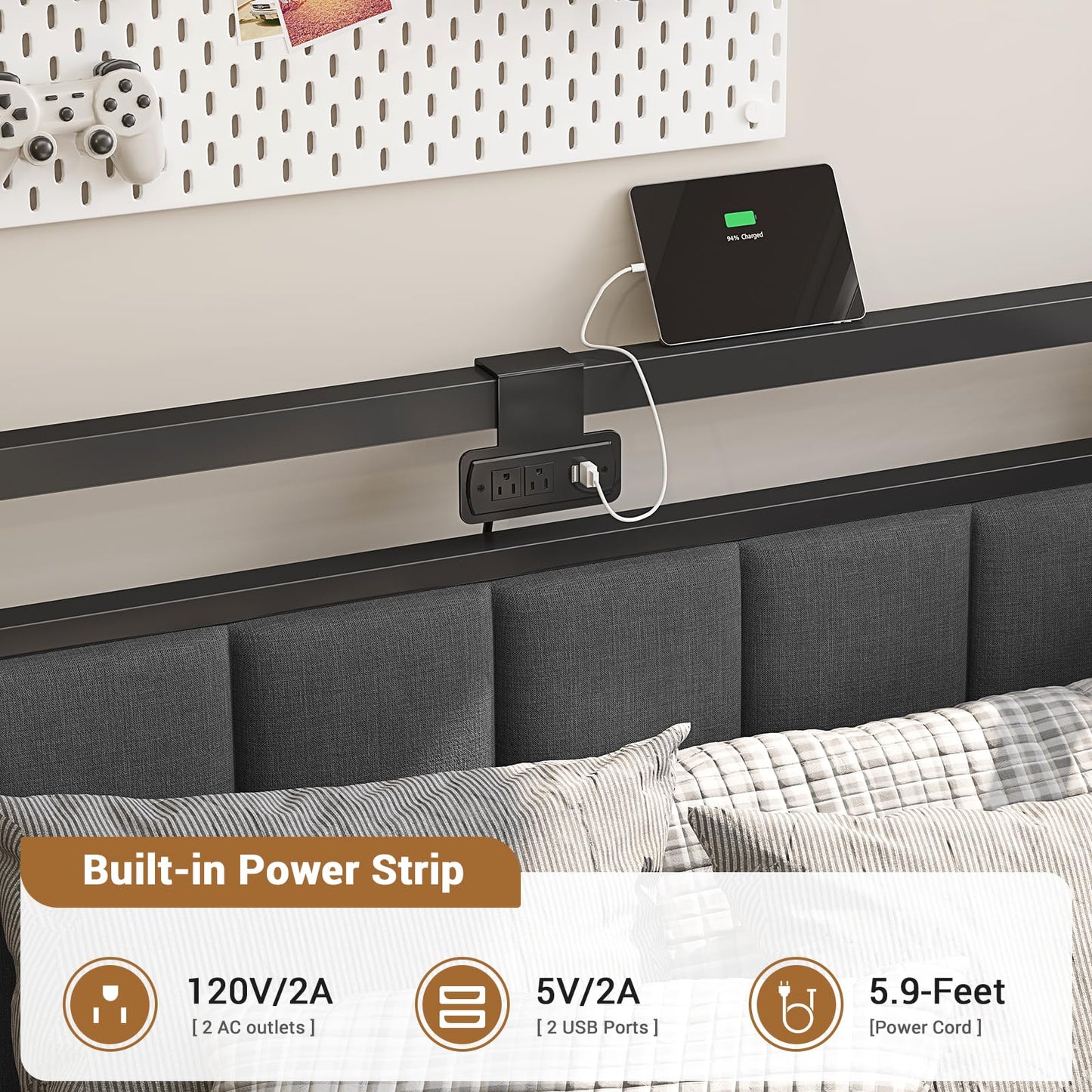 Hasuit Corner Bed Frame with Storage Drawers, Twin Daybed with Line Fabric Upholstered Fence, Kids Bed Unit with LED Light and Charging Station, Modern Bed Frame Twin Size, Gray