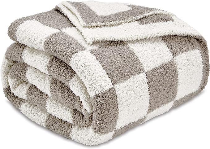 CozeCube Super Soft Fullfy Microfiber Reversible Knitted Blankets, Warm Cozy Fuzzy Plush Throw, Grey and White Checkered T...