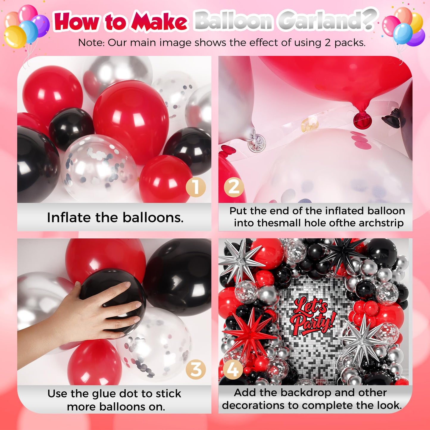 PTGOLUO 153Pcs Red and Black Silver Balloons Garland Arch Kit with Stars -22 18 12 10 5 inch Different Size Red Black Metallic Silver Balloon for Birthday Graduation Racing Car Poker Party Decorations