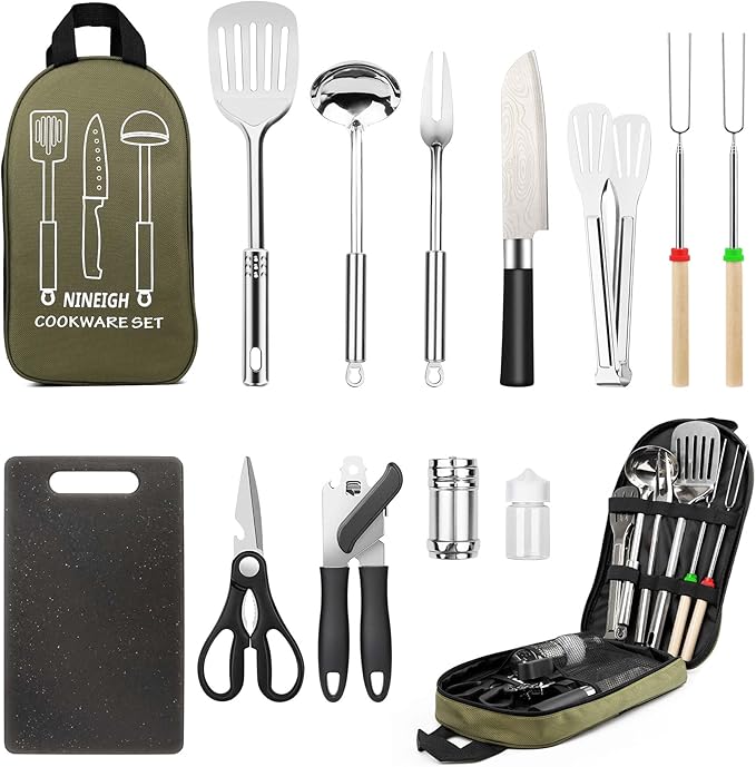 Camping Cooking Utensils Set, Stainless Steel Grill Tools, Camping BBQ Cookware Gear and Equipment for Travel Tenting RV V...