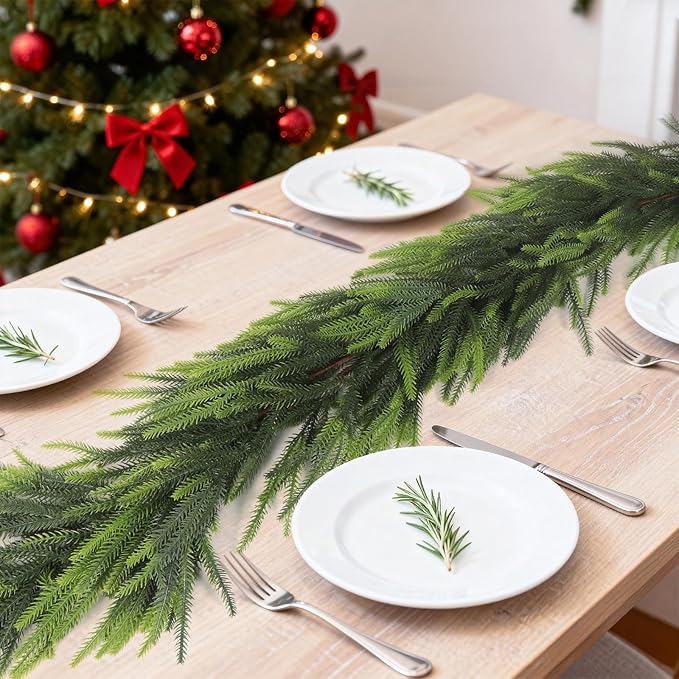 1 Pcs 9 Ft Artificial Norfolk Pine Garland, Realistic Real Touch Winter Christmas Greenery Garland for Mantle, Fireplace, Table, Wall, Outdoor, Indoor Christmas Decorations