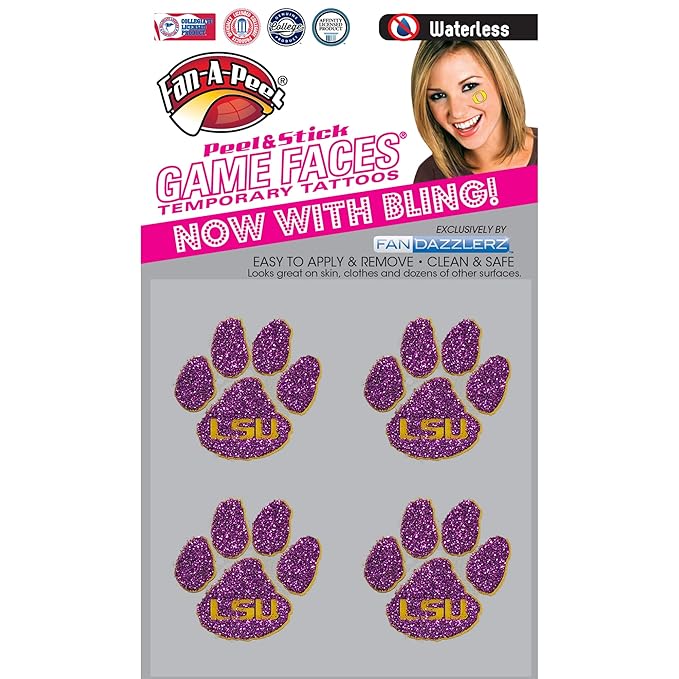 LSU Tigers Glitter temporary face tattoos-LSU bling face decals-4 pack
