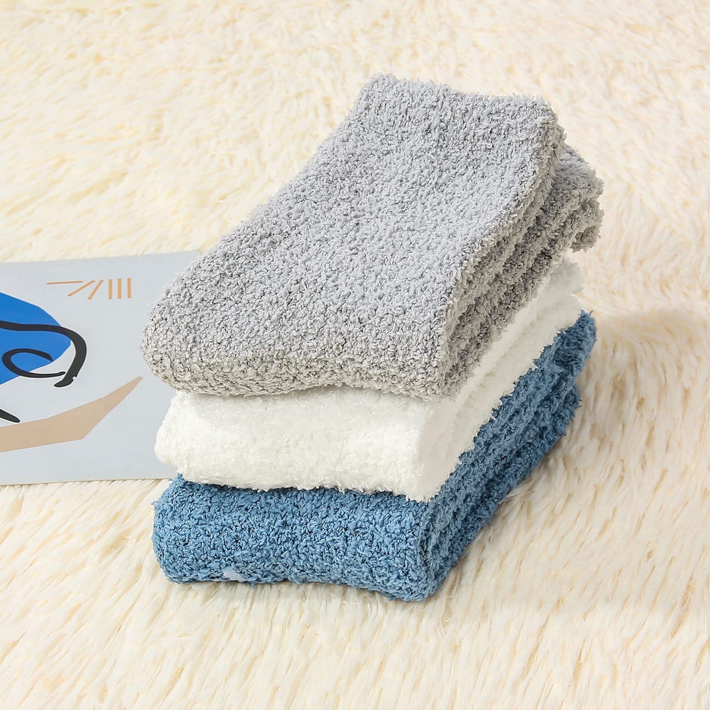 Hospital Non Slip Socks with Grips for Women Fuzzy Fluffy Grippy Warm Slipper Socks with Grip for Women No Slip 3 Pairs Blue Gray White