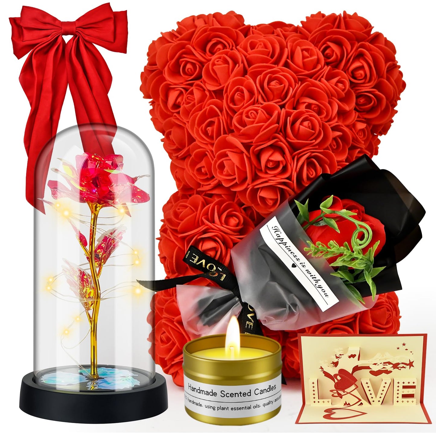 Jibeufi 6 in 1 Romantic Gifts for Her, Flower Rose Bear Birthday Gifts for Girlfriend Women Mom Kids Daughter, Wedding Gifts, Teddy Bear for Women (Rose Red)