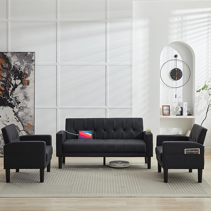 TYBOATLE Sofa Couch 62" W Loveseat w/ 2 USB Charger Ports & 2 Cupholders, Mid-Century Modern Tufted Small Love Seat Couches for Office, Living Room,Bedroom,Apartment,Dorm (3, Black)
