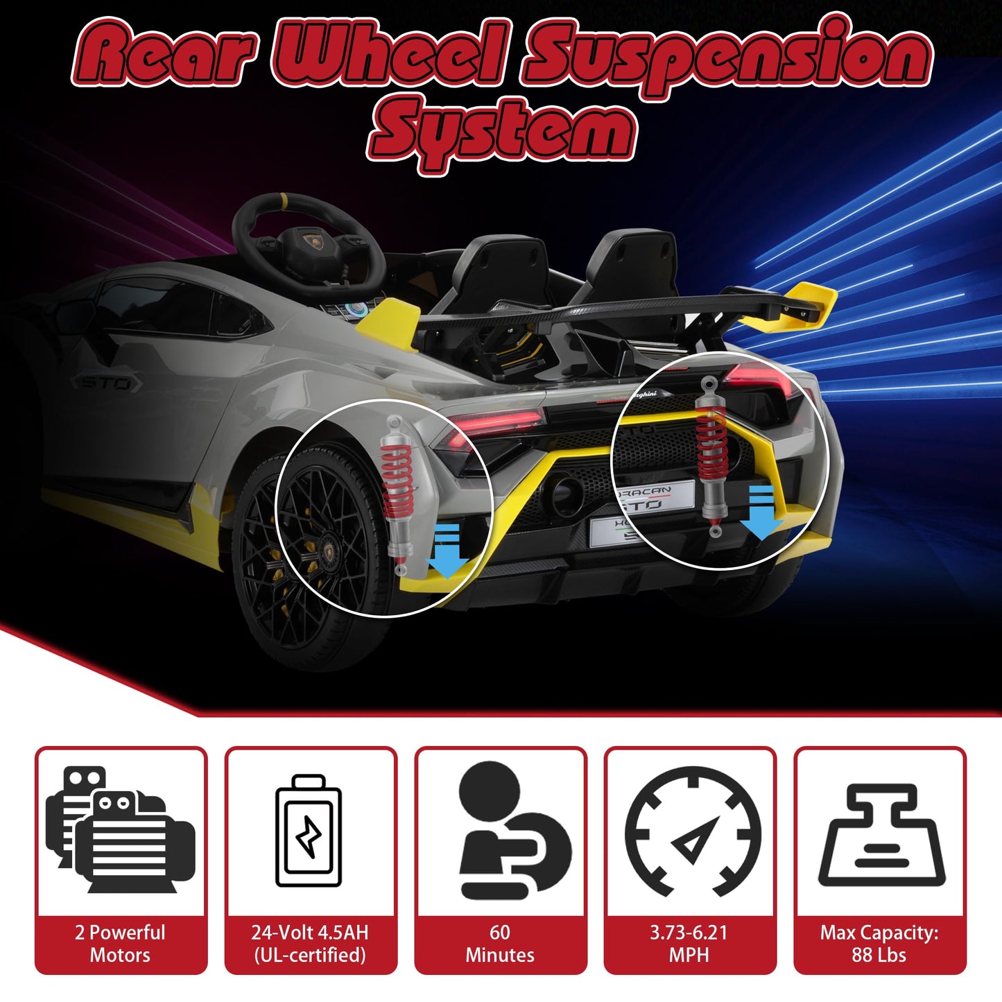 TOBBI Kids Ride on 24V Licensed Lamborghini STO Electric Car for Kids 3-6 Battery Powered Ride on Toys Lambo Sports Car with Remote Control Motorized Drift Vehicle High Speed 10km/h, Gray