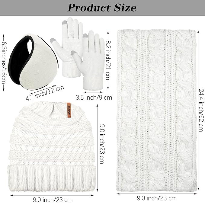 Aneco Winter Warm Sets Knitted Scarf Beanie Hat Touch Screen Gloves and Winter Ear Warmer for Men or Women