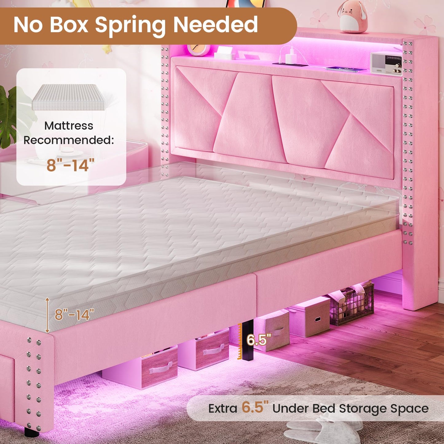 VIAGDO Pink Twin Bed Frames with LED Lights, Upholstered Platform Bed Frame Twin Size with Storage Headboard and Charging Station, LED Twin Bed Frame, No Box Spring Needed