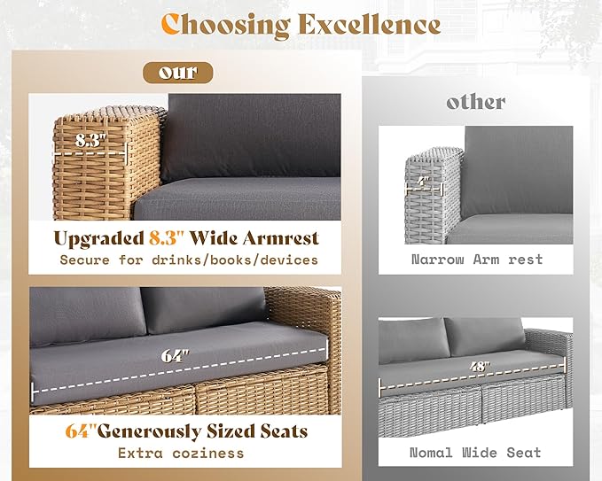 AMERLIFE 6-Piece Patio Sofa Set with Convertible Coffee Table - 8.3" Wide Armrests, UV-Resistant PE Rattan Outdoor Conversation Set for Balcony/Poolside, Waterproof Grey Cushions, Heavy-Duty Wicker