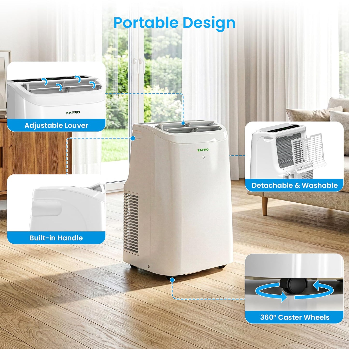 ZAFRO Portable Air Conditioners, 12000 BTU, 3 in 1 Portable AC with Drainage-free Cooling, Fan & Dehumidifier, Smart AC Unit with APP/Remote Control, 47dB Quiet, 24H Timer for Living Room, Bedroom
