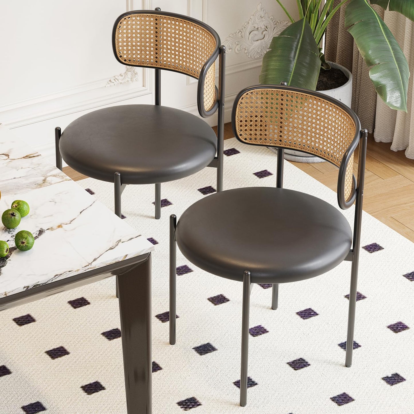 Farini Dining Chairs Set of 4, PU Leather Upholstered Seat with Woven Rattan Back, Sturdy Metal Legs Modern Side Chairs for Kitchen Living Room Restaurant, Black
