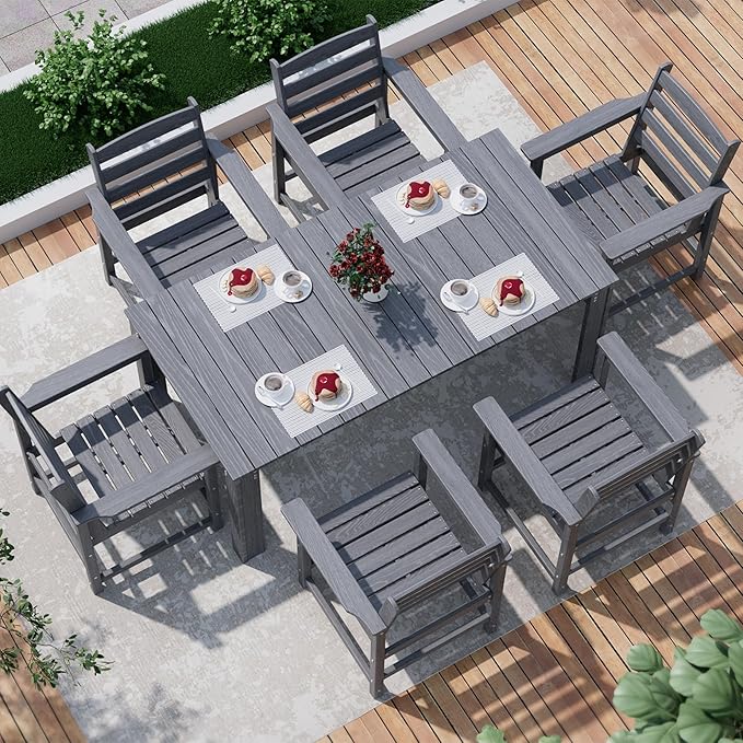 PamapicLife Outdoor HDPE Dining Table Set, 7-Piece Outdoor Dining Table Sets, Wood Grain Patio Furniture Sets with Umbrella Hole for Porch, Backyard, Gray