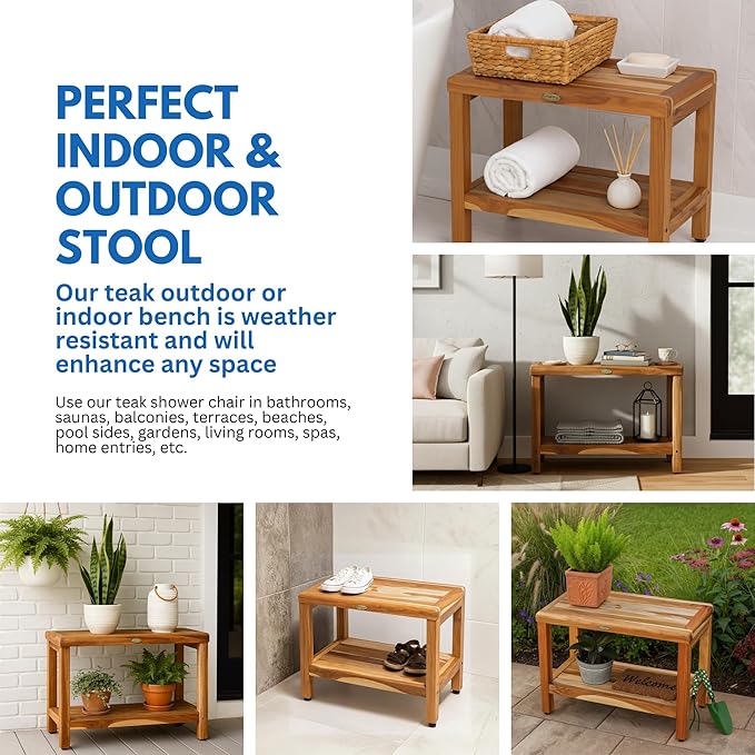 EcoDecors Eleganto 24 Inch Natural Color Waterproof Teak Wood Shower Bench Stool Seat Chair For Inside Shower Provides Safety, Storage, and Organization For Bathroom Accessories