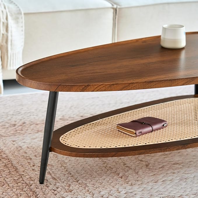 Saint Mossi Oval Wood and Rattan Coffee Table for Living Room, Mid-Century Modern Wood Coffee Table, Center Table for Small Space, Wanlut and Rattan Board, D47xW23.6xH15