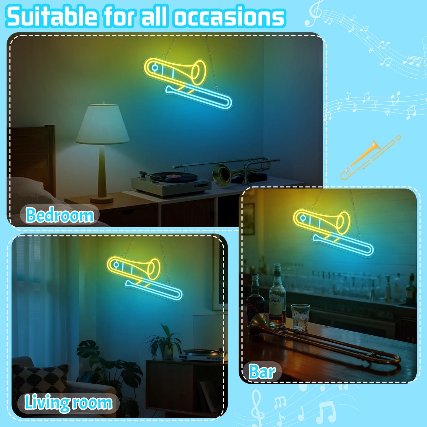 CoolGift Mart Trombone Neon Sign, Dimmable LED Trombone Room Decor Light With USB Powered, Decorations for Bedroom Living Room Club Music Studio, Gifts for Trombone Enthusiasts Music Lovers