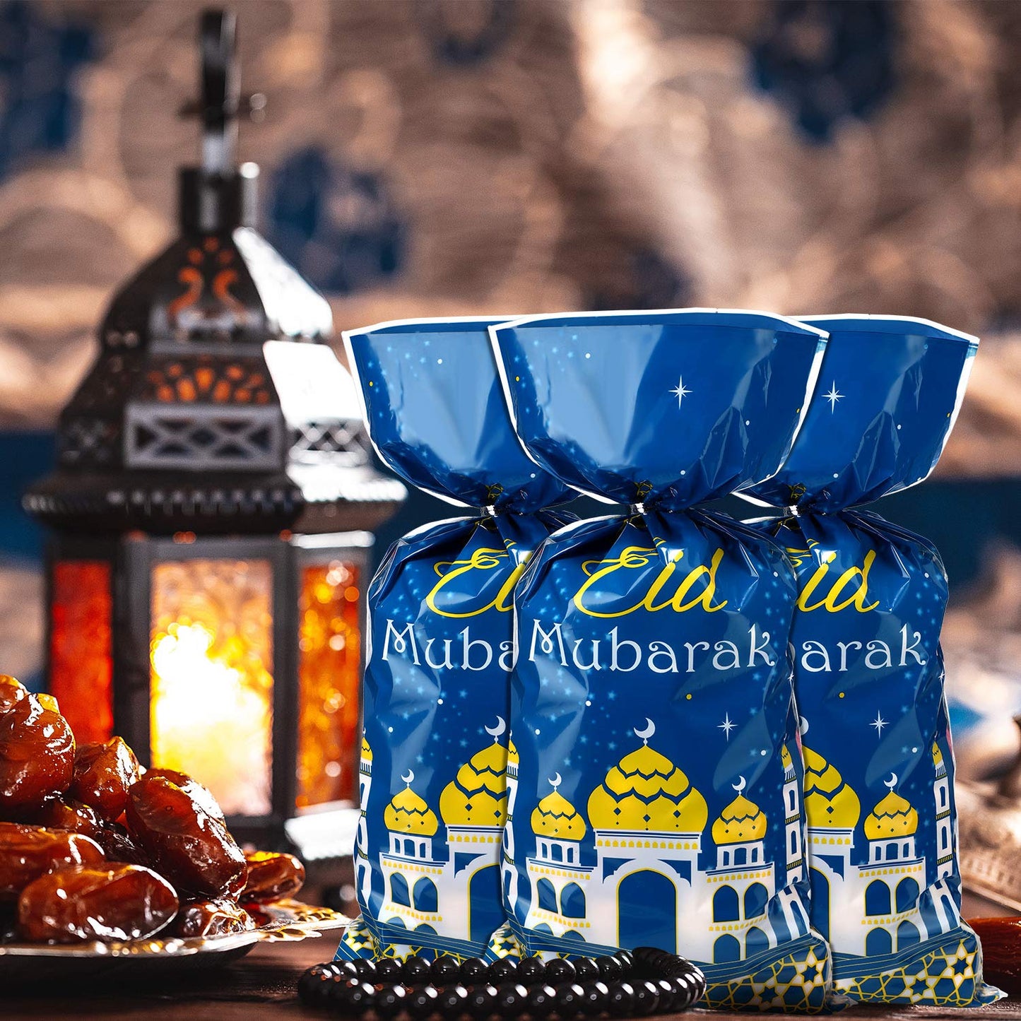 Blulu 100 Pcs Eid Mubarak Gift Bags Ramadan Decorations Clear Goodie Candy Plastic Cellophane Treat Bags with Silver Twist Ties for Eid Mubarak Party(Blue Gold)