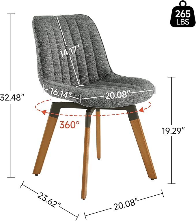 Art Leon Swivel Dining Chairs Set of 2, Mid Century Modern Dining Room Chair, Fabric Upholstered Armless Chair with Wood Legs for Kitchen Living Room Bedroom, Dark Gray
