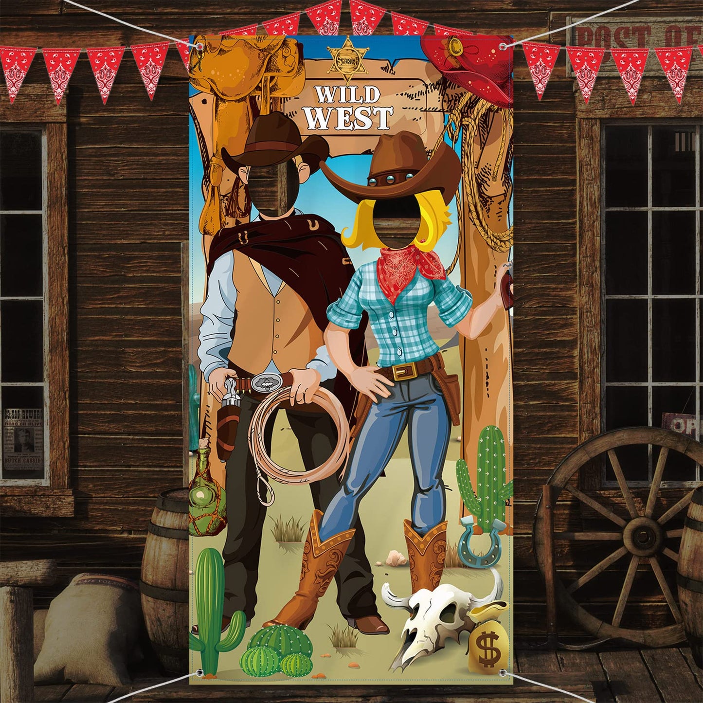 Blulu 6 x 3 ft Western Cowboy Backdrop Party Decorations - Wild West Rodeo Photo Booth Props Background & Door Banner with Funny Supplies for Birthday, Cowboy Theme Events Rustic Poster